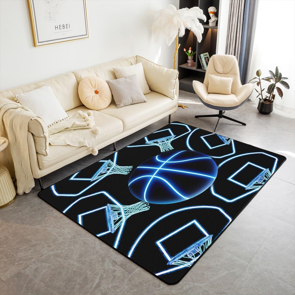 jejeloiu Basketball Living Room Rugs for Bedroom 5x7 Kids Gaming Sports Decor Carpet for Boys Girls Teens Ball Games Area Rug Soft Gift for Basketball Lover Grey and Black Room Decor