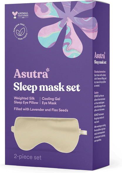 ASUTRA Silk Eye Pillow for Sleep, Purple - Filled w/Lavender Buds & Flax Seeds, Weighted Eye Mask, Meditation & Light Blocking Blindfold, Cooling Gel Mask Included