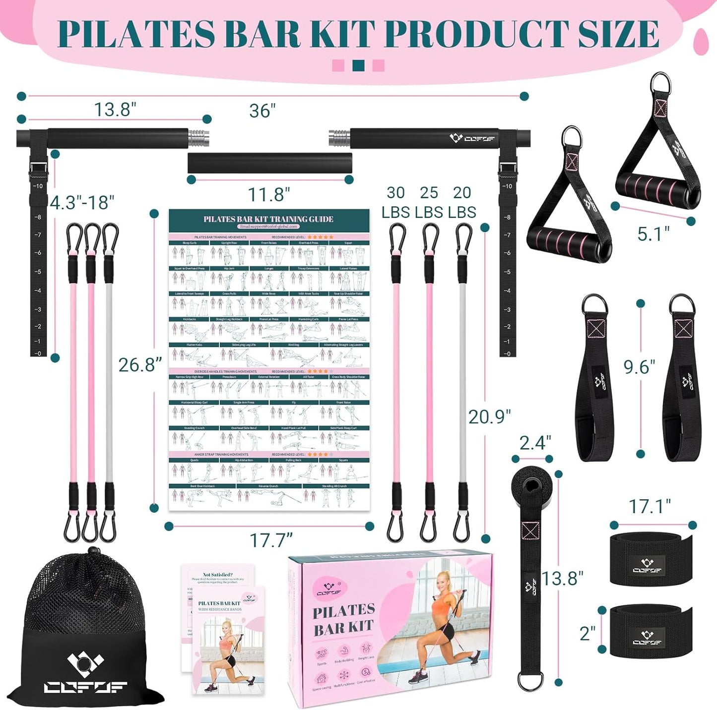 COFOF Pilates Bar Kit with Resistance Bands, Multifunctional Yoga Pilates Bar with Heavy-Duty Metal Adjustment Buckle, Portable Home Gym Pilates Resistance Bar Kit for Women Full Body Workouts