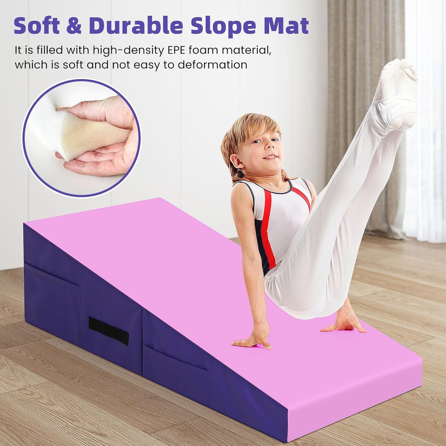Gymnastics Mat Incline Tumbling Mats—Indoor/Outdoor Folding Cheese Wedge Mat with Non-Slip Surface & Handles for Kids Girls Home Training Exercise