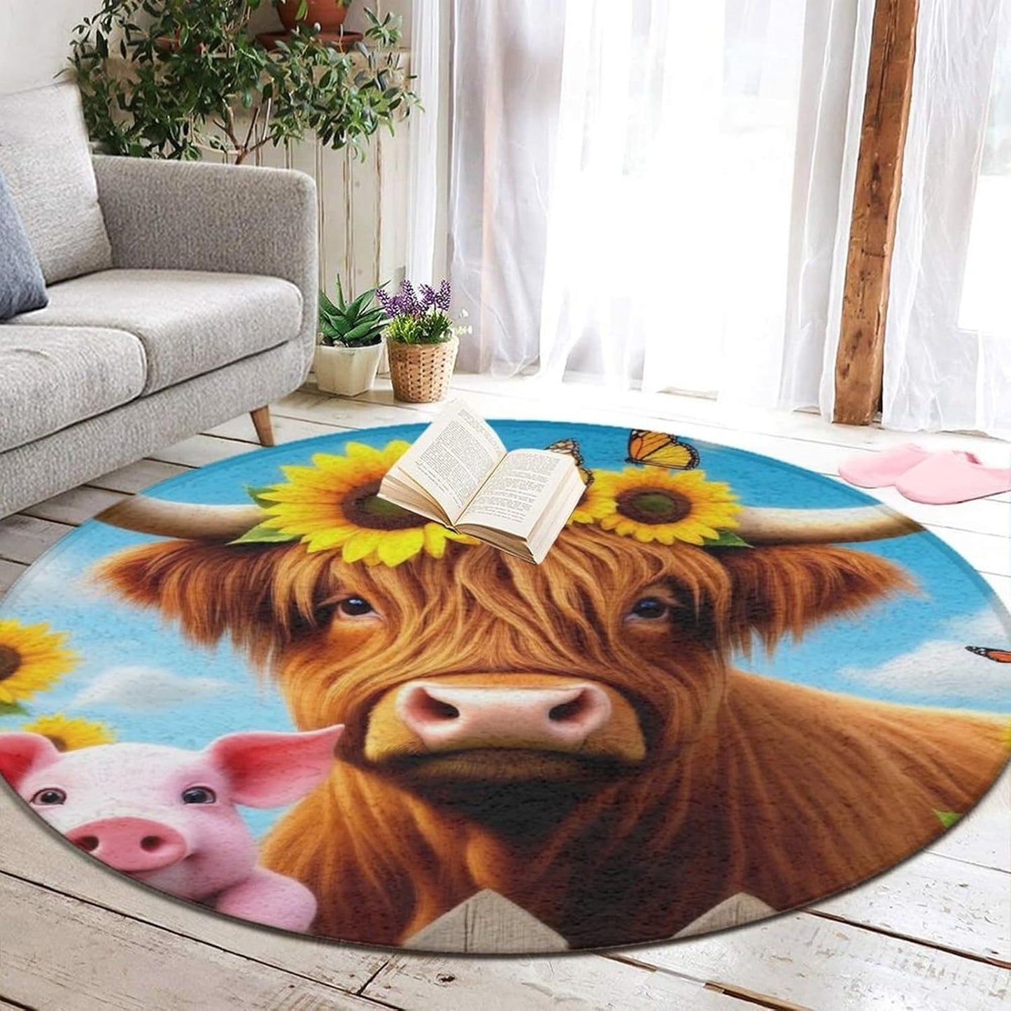 Soft Round Yoga Carpet, Office Chair Decor Round Mat for Carpet and Hardwood Floors Purple Butterfly