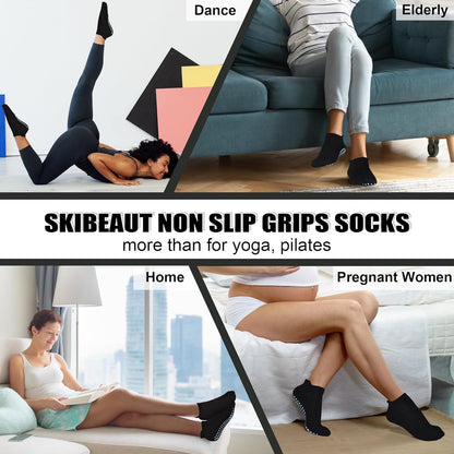 SkiBeaut Grips Non Slip Socks for Women, 4 Pairs Yoga Pilates Anti Skid Woman Hospital Gripper Socks (5-12)