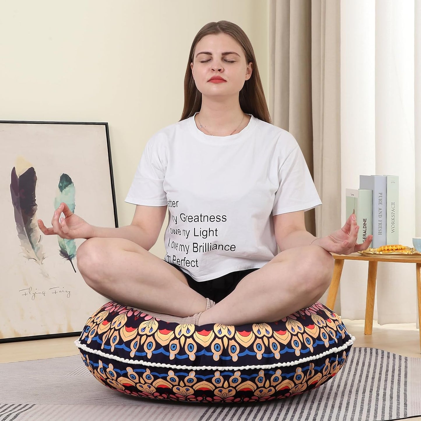 LOVMOC 32 Inch Round Floor Pillow for Adults, Large Thick Memory Foam Boho Mandala Meditation Floor Seating Cushion, Machine Washable for Living Room Outdoor Yoga Floor Sitting, Navy Blue