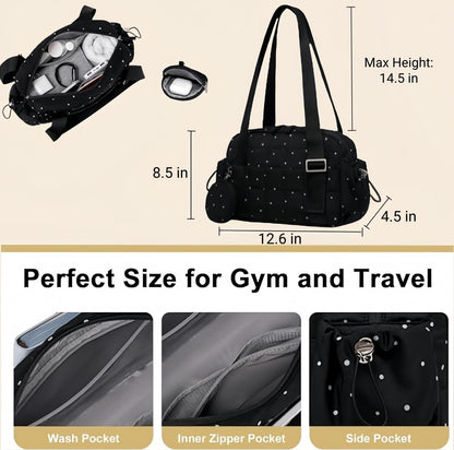 CAMTOP Mini Gym Bag for Women, Small Gym Tote Bag Puffy Quilted Sports Duffel Bag with Wet Compartment and Coin Purse Duffel Bags Dance Yoga Workout Bag for Gifts (All Black, Mini-12.6")