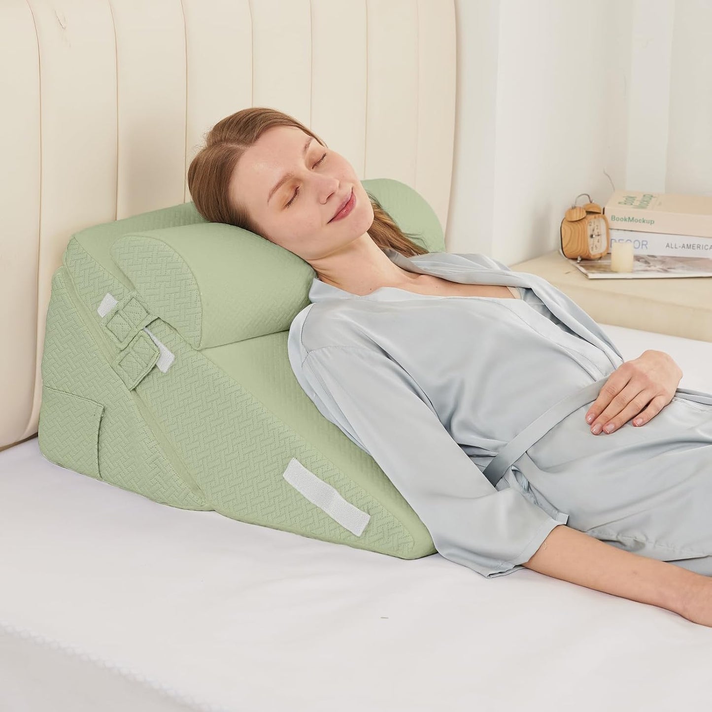 Sasttie Wedge Pillow Set for After Surgery, 2PCS Adjustable Bed Wedge Pillow Headboard with Memory Foam Neck Cushion – for Acid Reflux, Sleeping, Neck & Back Support, Dark Grey