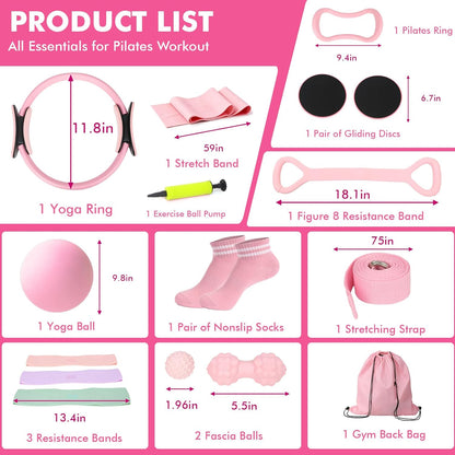 Pilates Equipment Kit for Home Workouts, Home Pilates Essentials Kit for Women with Pilates Ring and Ball Set, Resistance Bands, Yoga Strap, Core Sliders, Massage Ball & Socks Accessories for Starter