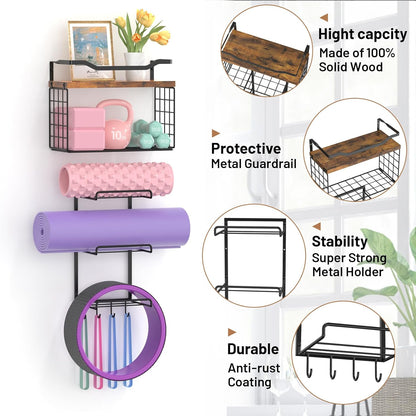 Yoga Mat Holder Black, Wall Mount Yoga Mat Storage Rack, Yoga Accessory Organizer With Wood Floating Shelves, 4 Hooks Hanging Yoga Strap & Resistance Bands, Home Gym Equipment Storage Decor