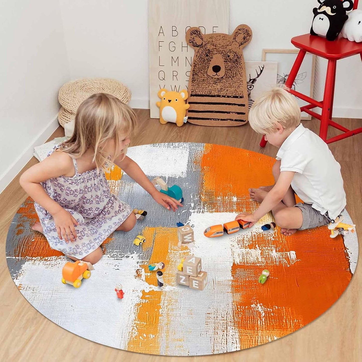 Orange Round Area Rug for Living Room 6 ft Abstract Modern Contemporary Rug Carpet Floor Mat Yoga Mat for Boys Girls Playroom Home Decor 6 ft