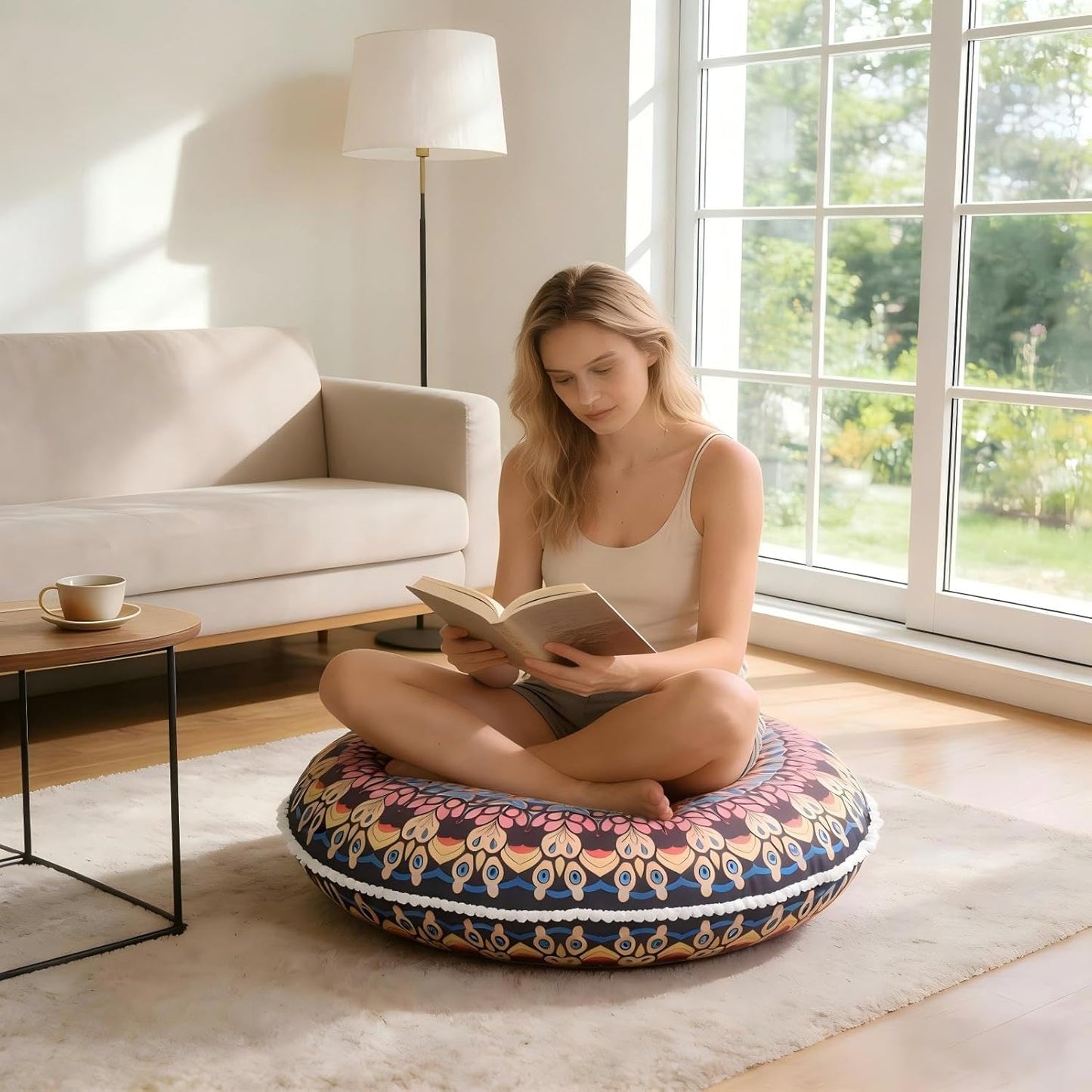 LOVMOC 32 Inch Round Floor Pillow for Adults, Large Thick Memory Foam Boho Mandala Meditation Floor Seating Cushion, Machine Washable for Living Room Outdoor Yoga Floor Sitting, Navy Blue