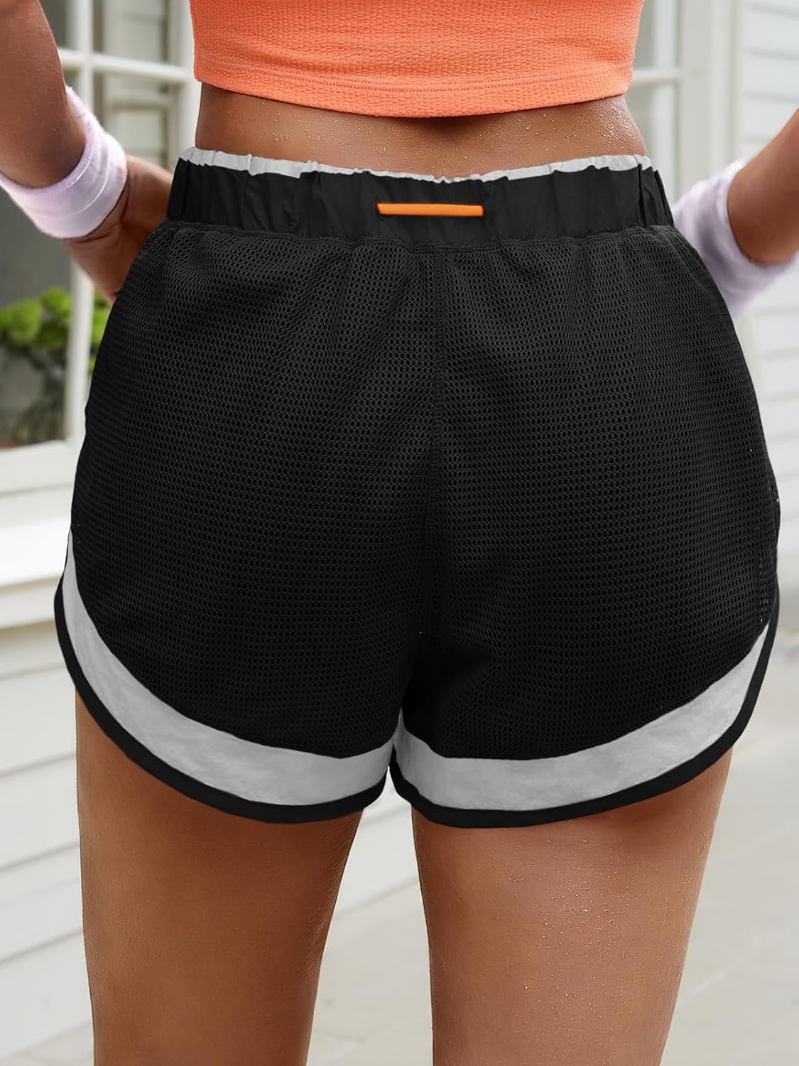 Fisoew Women Athletic Shorts 2 in 1 Running High Split Color Block Workout Yoga Mesh Shorts Pocket Drawstring