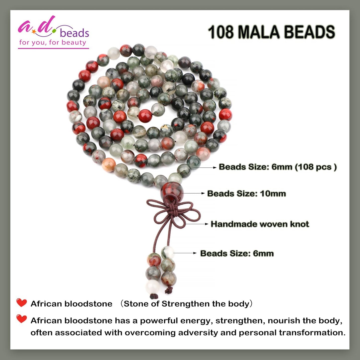 AD Beads 6mm 8mm 108 Prayer Mala Jasper Elastic Bracelet - Handmade Yoga Meditation Healing Power Energy Gifts for Unisex Adult.