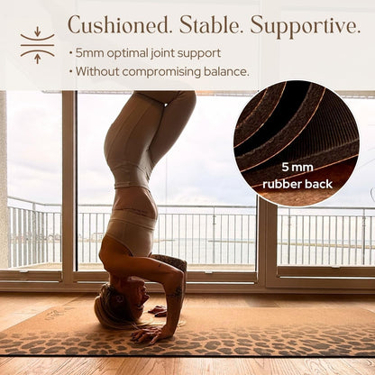 Designer Cork Yoga Mat – Signature Aesthetics on Quality Portuguese Cork with 5mm Solid Tree Rubber Base for Lasting Stability – Non Slip Grip, Odor Free and Non Toxic