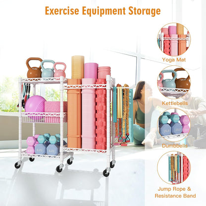 FUTASSI Home Gym Storage, 3 Tiers Workout Equipment Organizer with Wheels for Yoga Mats, Foam Roller, Dumbbells, Kettlebells, and Resistance Bands