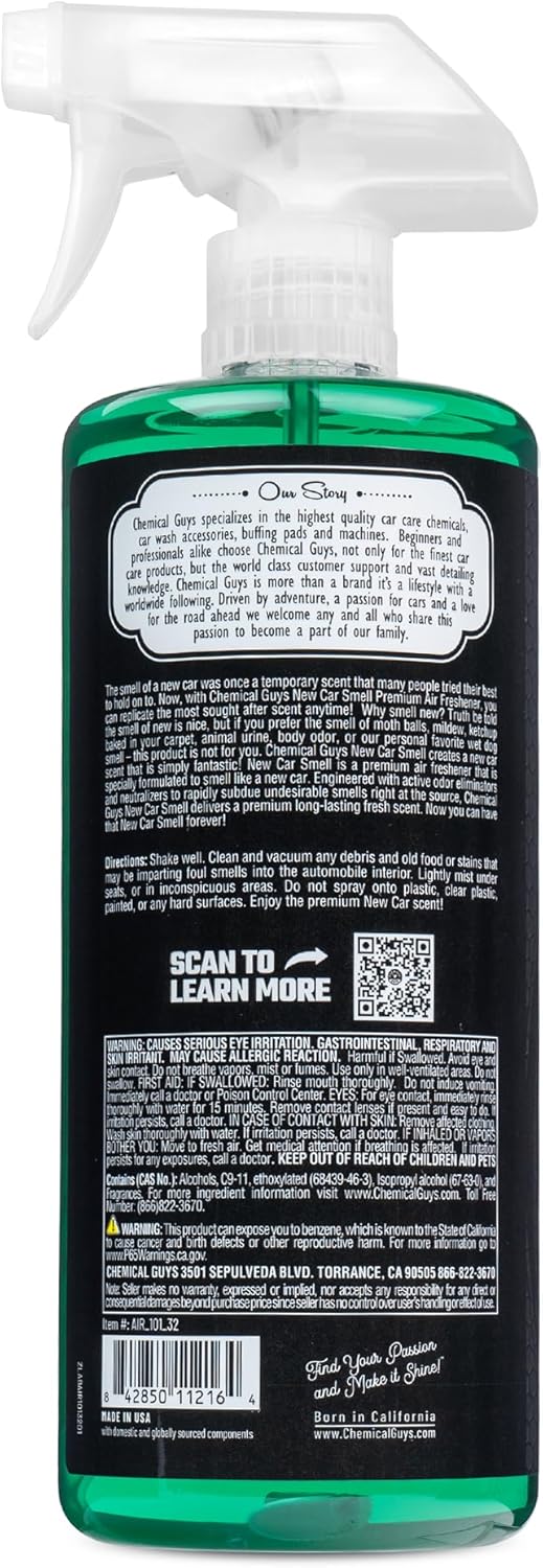 Chemical Guys New Car Smell Air Freshener and Premium Odor Eliminator Refreshes & Neutralizes Odors, Great Car Fresheners for Trucks, SUVs, RVs, and More - 16 oz