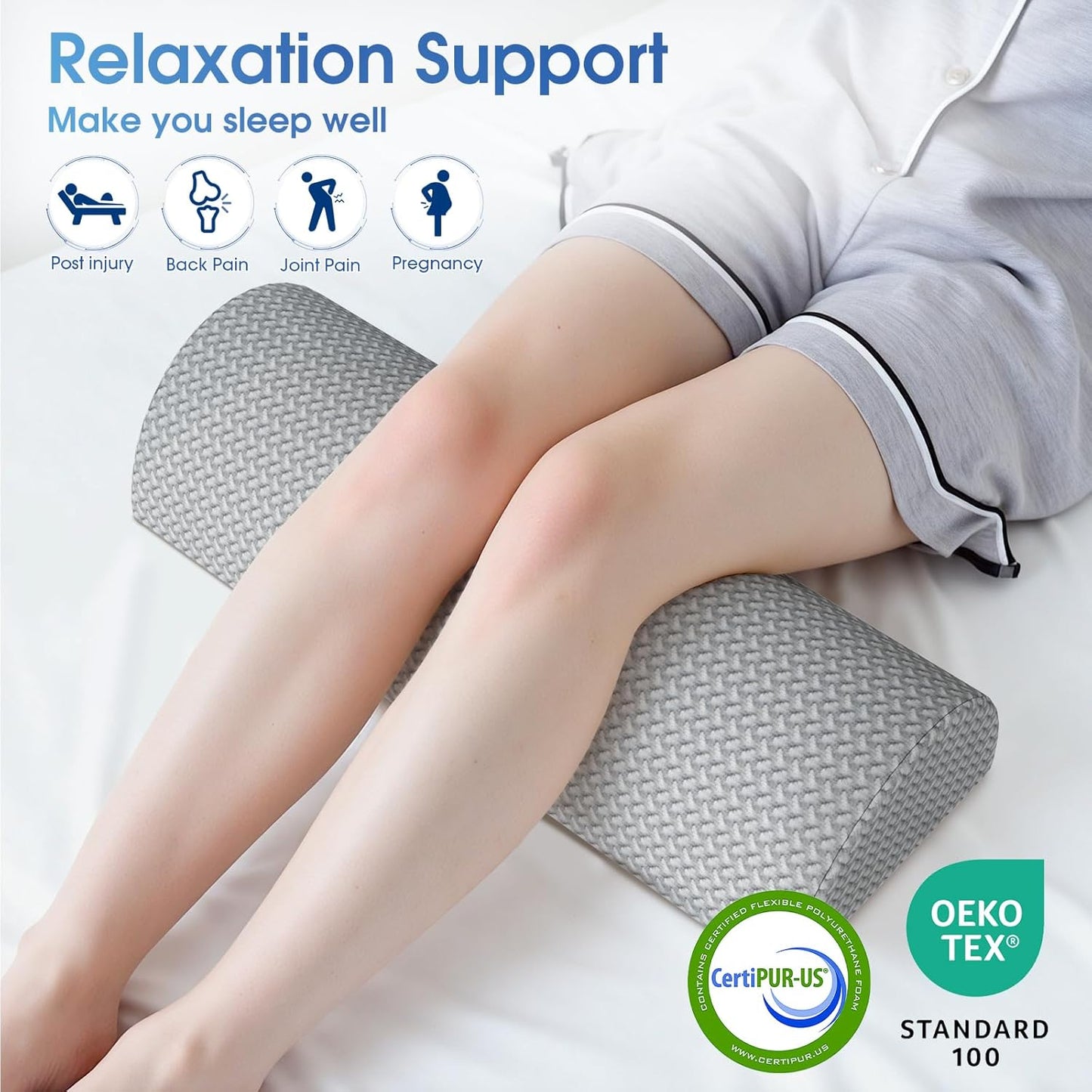 TranquilRelax Knee Pillow for Back Sleeping Memory Foam Half Moon Bolster Pillow for Legs, Under Knee Support, Ankle & Foot Comfort Orthopedic Pillow for Side Sleepers (Grey, 20.4" x 8" x 4.9")