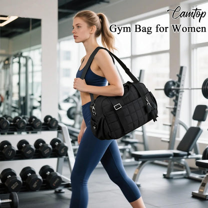 CAMTOP Mini Gym Bag for Women, Small Gym Tote Bag Puffy Quilted Sports Duffel Bag with Wet Compartment and Coin Purse Duffel Bags Dance Yoga Workout Bag for Gifts (All Black, Mini-12.6")
