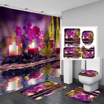 4PCS Spa Zen Shower Curtain Sets with Rugs, White Shower Curtain, Pink Floral Orchid Lotus Water Lily Stone Bamboo Water Reflection Yoga Massage Relaxing Spiritual Meditation Bathroom Decor
