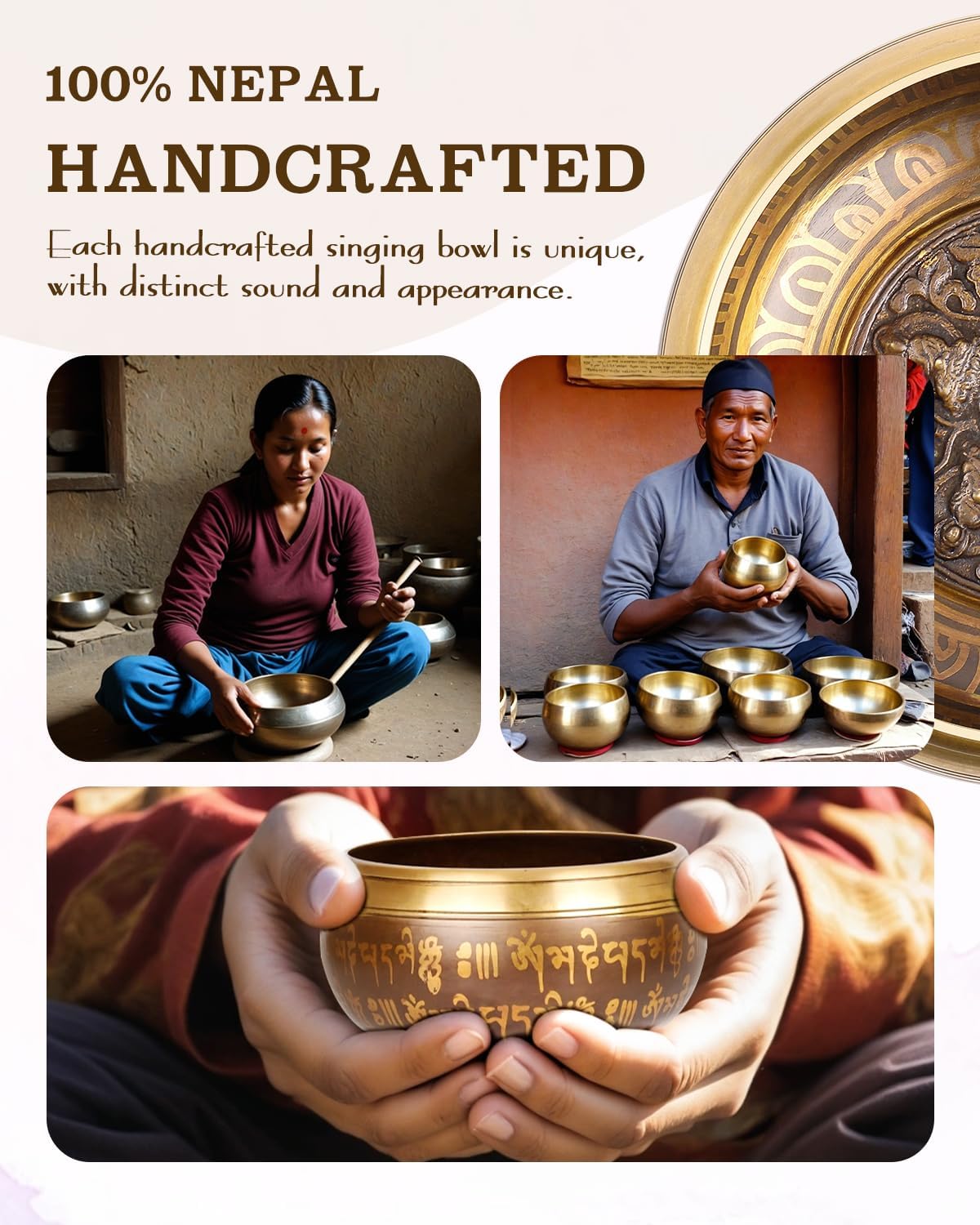 Tibetan Singing Bowls, Authentic Meditation Sound Bowls Handcrafted in Nepal for Yoga, Chakra Healing, Mindfulness, Self Care Spiritual Gifts for Women