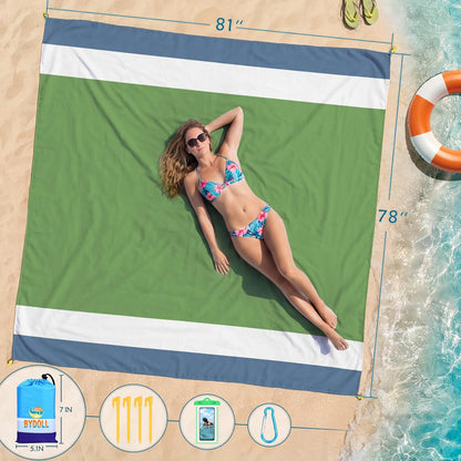 BYDOLL Beach Blanket Waterproof Sandproof Large Sand Free,78''X81''/10'X9' Oversized Sandless Lightweight Blanket Picnic Mat for Beach Travel Camping Hiking with Stakes