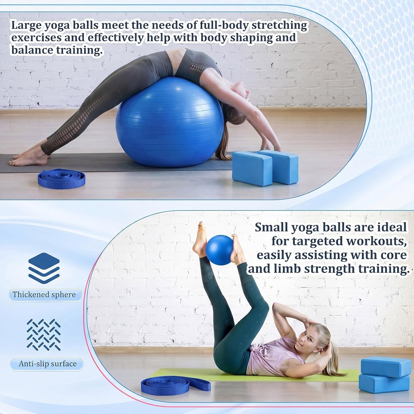 Pilates Set with 2 Yoga Exercise Balls (25.6”&9.8”), Yoga Block, Stretch Strap & Foot Pump, Stability Fitness Ball Kit for Home Gym Equipment Workout Pregnancy Physical Therapy