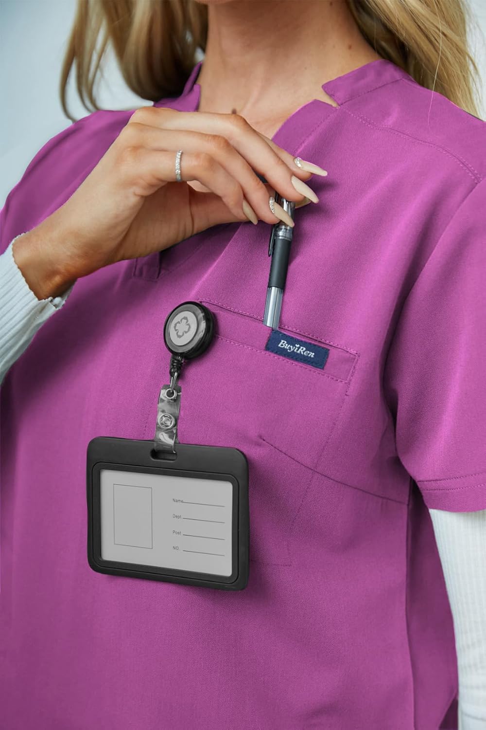 Women's V-Neck Scrubs Set With Cap, Stretchy Top and Jogger Pants, 11 Pockets Nursing Uniform