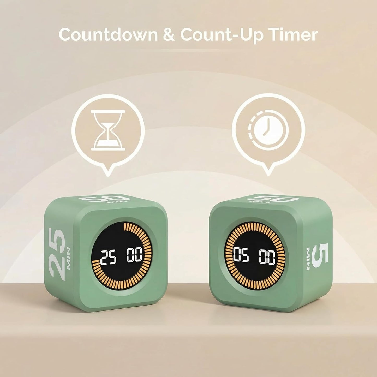 KADAMS Pomodoro Cube Timer Productivity Visual Timer - 5/10/25/50 Min Rotating Countdown (1, Green)