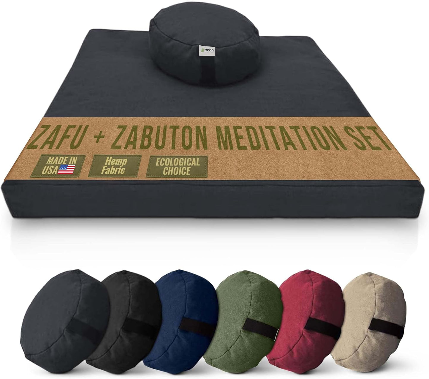 Meditation Cushion Mat Set HEMP - Large Oval Zafu Floor Pillow Organic Buckwheat Pillow + Cotton Filled HEMP Zabuton Prayer Pad - Meditation Pillow Yoga Knee Pad Made in USA - 18" Oval, NATURAL Hemp