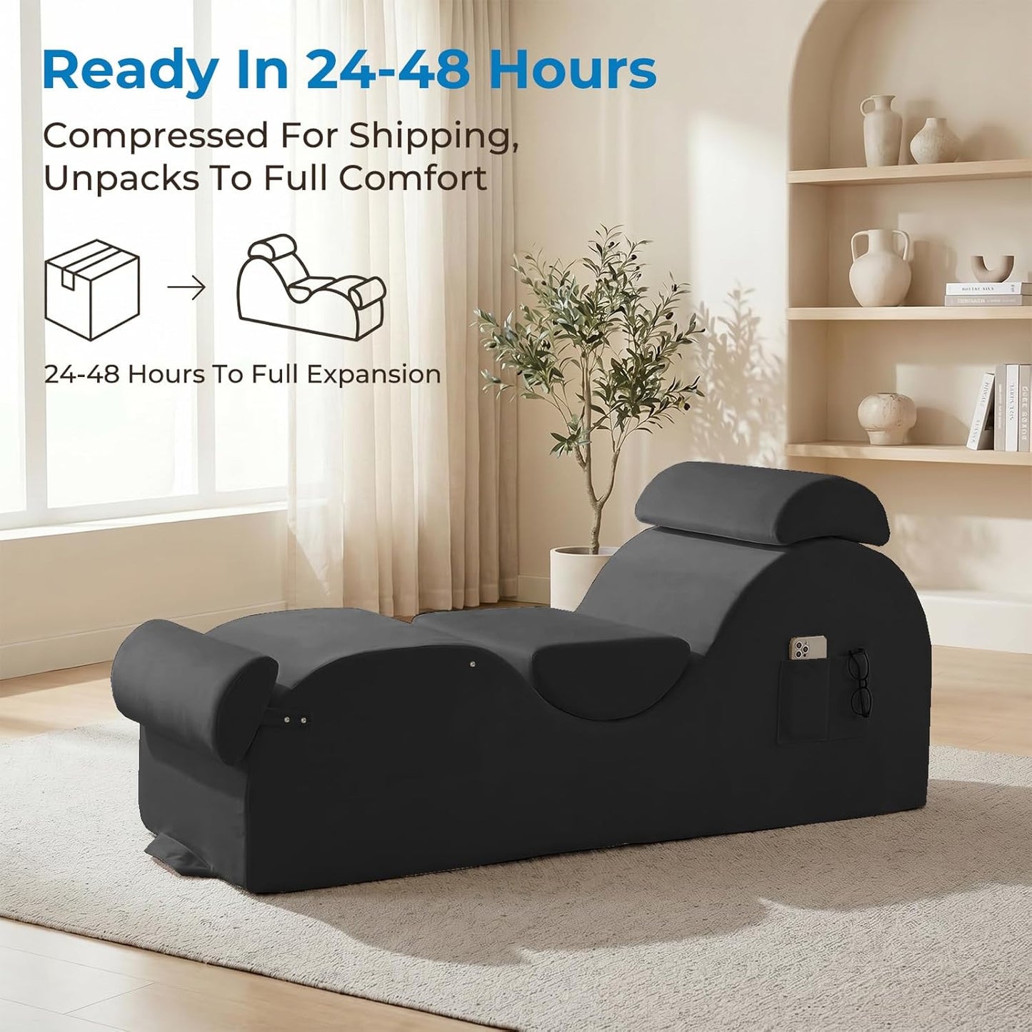 Mjkone Velvet Yoga Chair, Yoga Chaise Lounge Chair Indoor with Side Pockets, Headrest, Waist Cushion, Movable Footrest, Curved Sofa Chair for Relaxation Stretching for Bedroom, Black