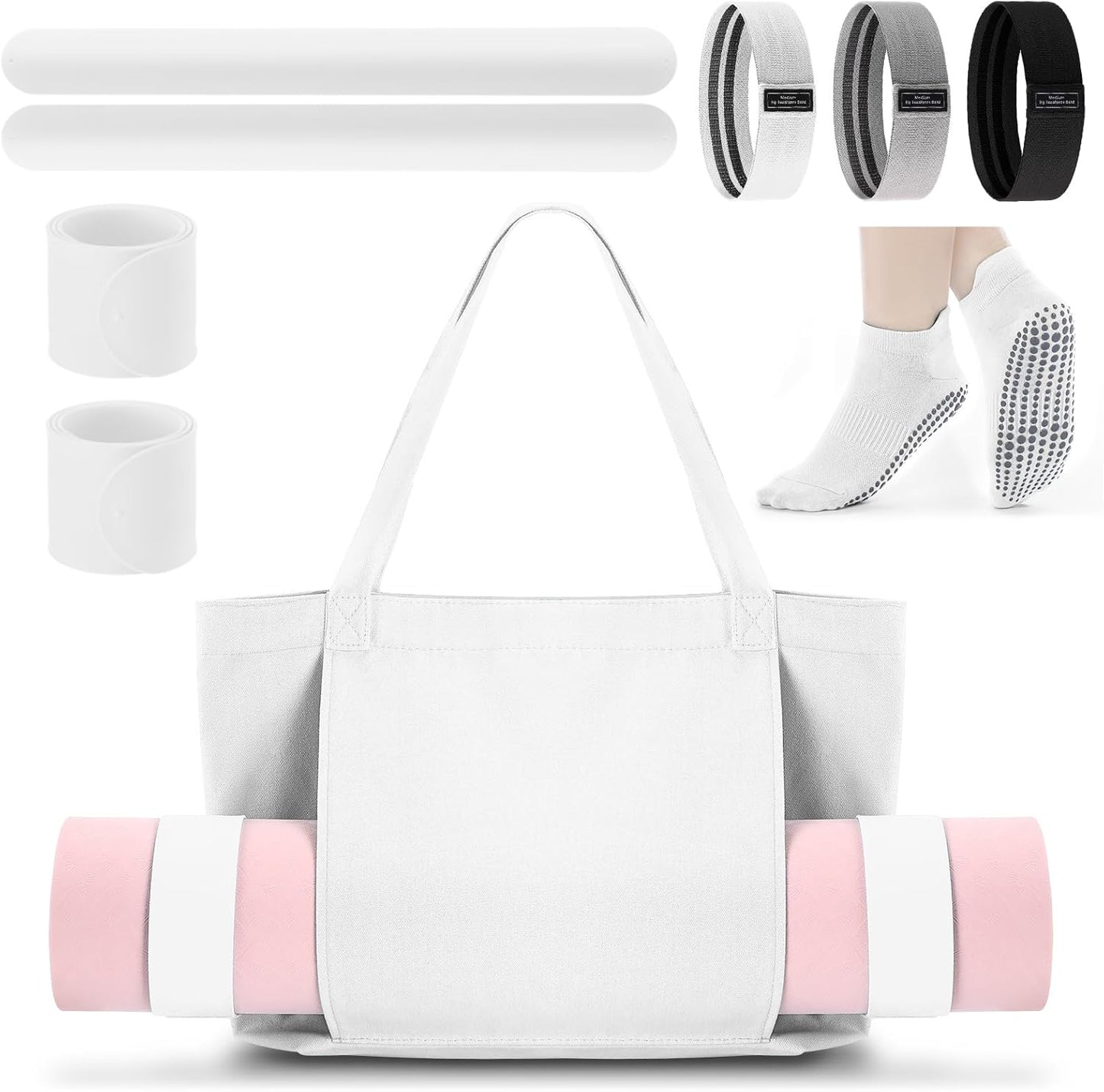Halloscume Yoga Bag Set for Women Including Yoga Mat Tote Bag, Booty Resistance Bands, Non Slip Sports Socks Silicone Ties for Pilates Travel Workout Office Home Gym