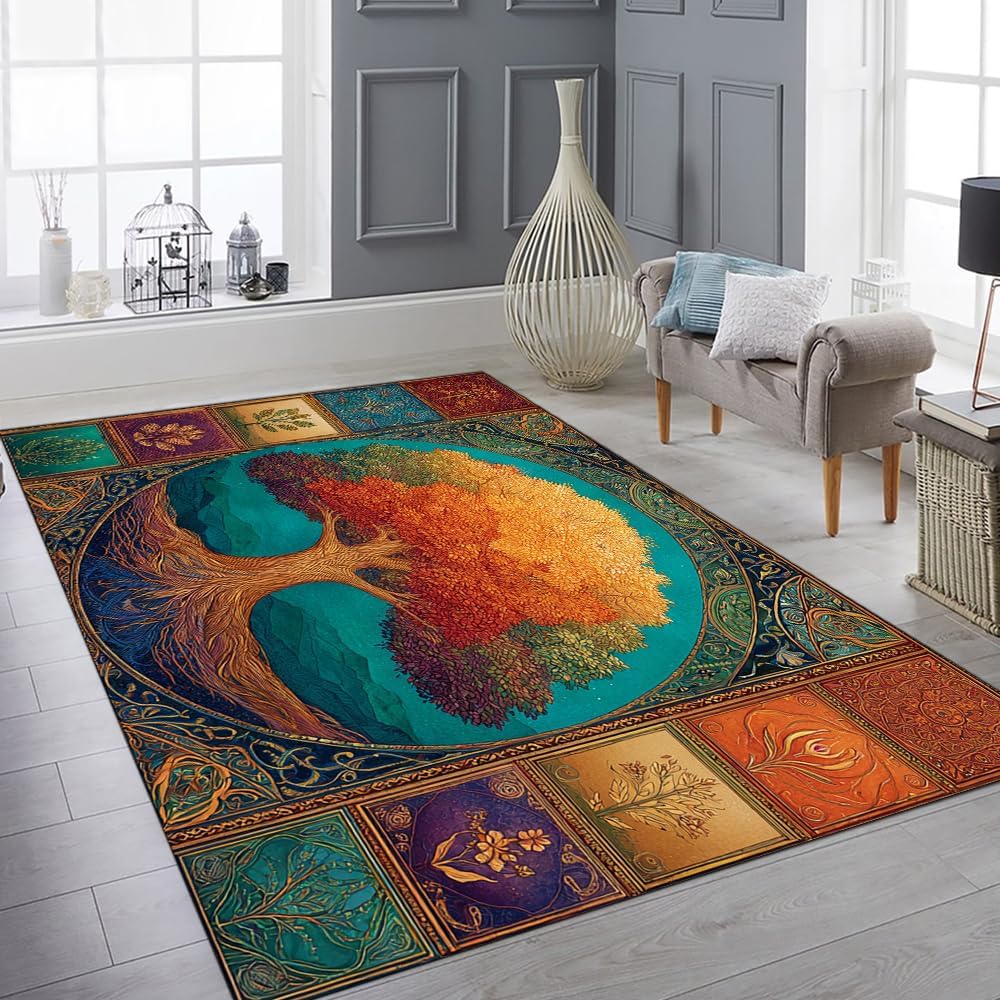 Tree of Life Area Rug – Bohemian Mandala Carpet for Living Room, Bedroom, Meditation Space, Yoga, Spiritual Home Décor – Large Soft Floor Mat for Indoor Decoration (TOL08)