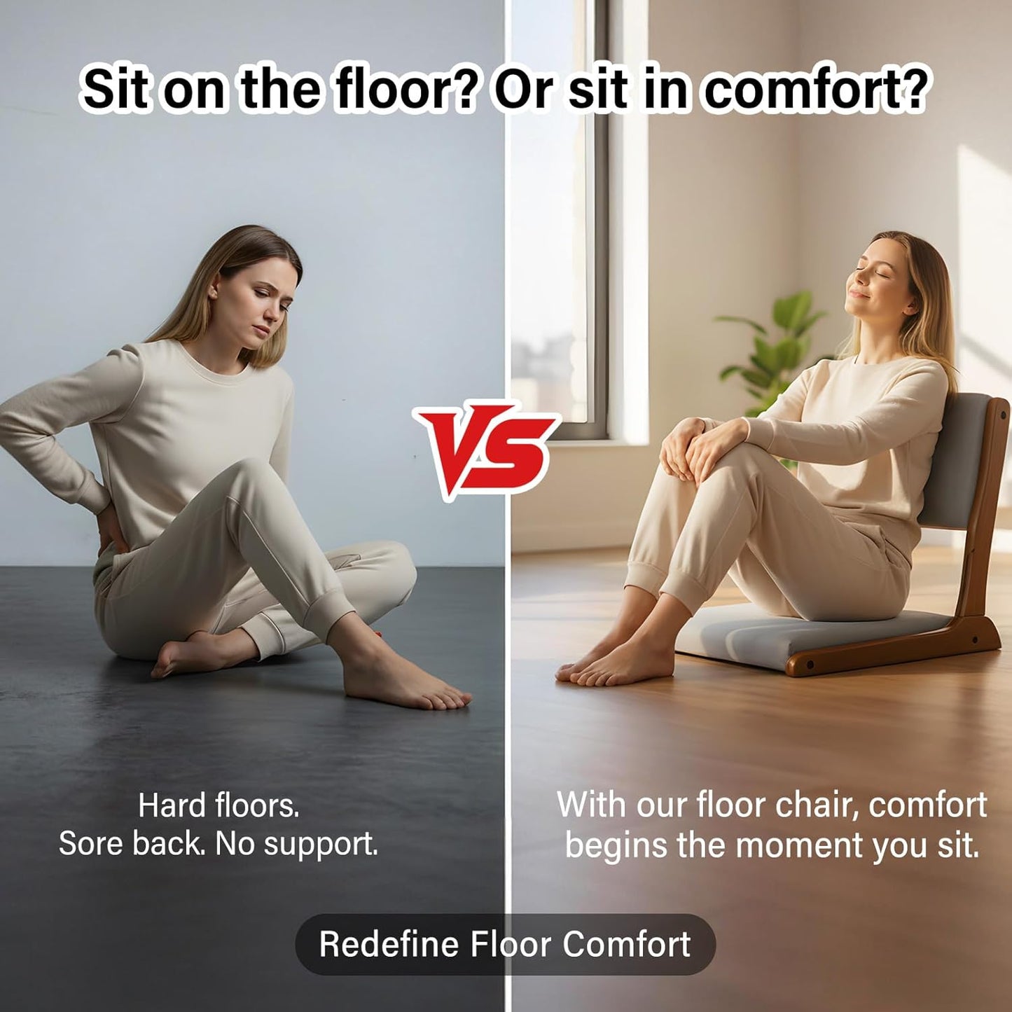 Tiita 2Pcs Floor Games Chair, Foldable Meditation Tatami Chairs, Backrest Chair with Cushion, Living Room Chair Seat, Wood Grey