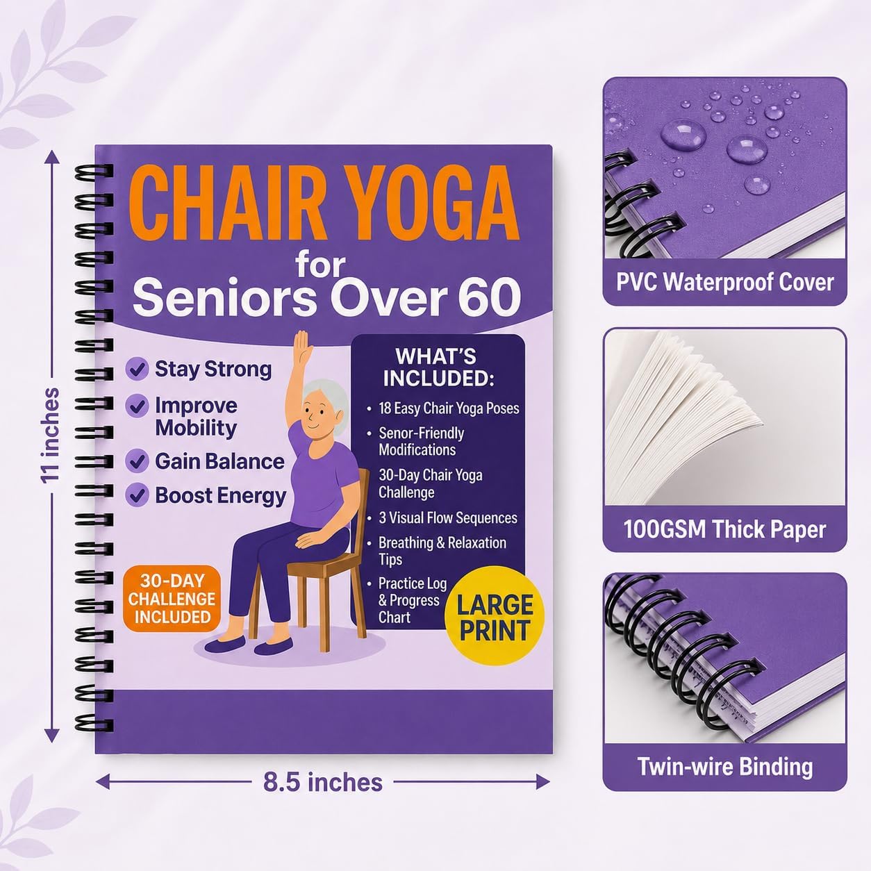 Chair Yoga for Seniors Over 60 Book & Chart – 30-Day Challenge, Gentle Seated Yoga Guide, Chair Yoga for Weight Loss & Flexibility, Senior Chair Exercises for Women & Men, 8.5x11" Book on Chair Yoga