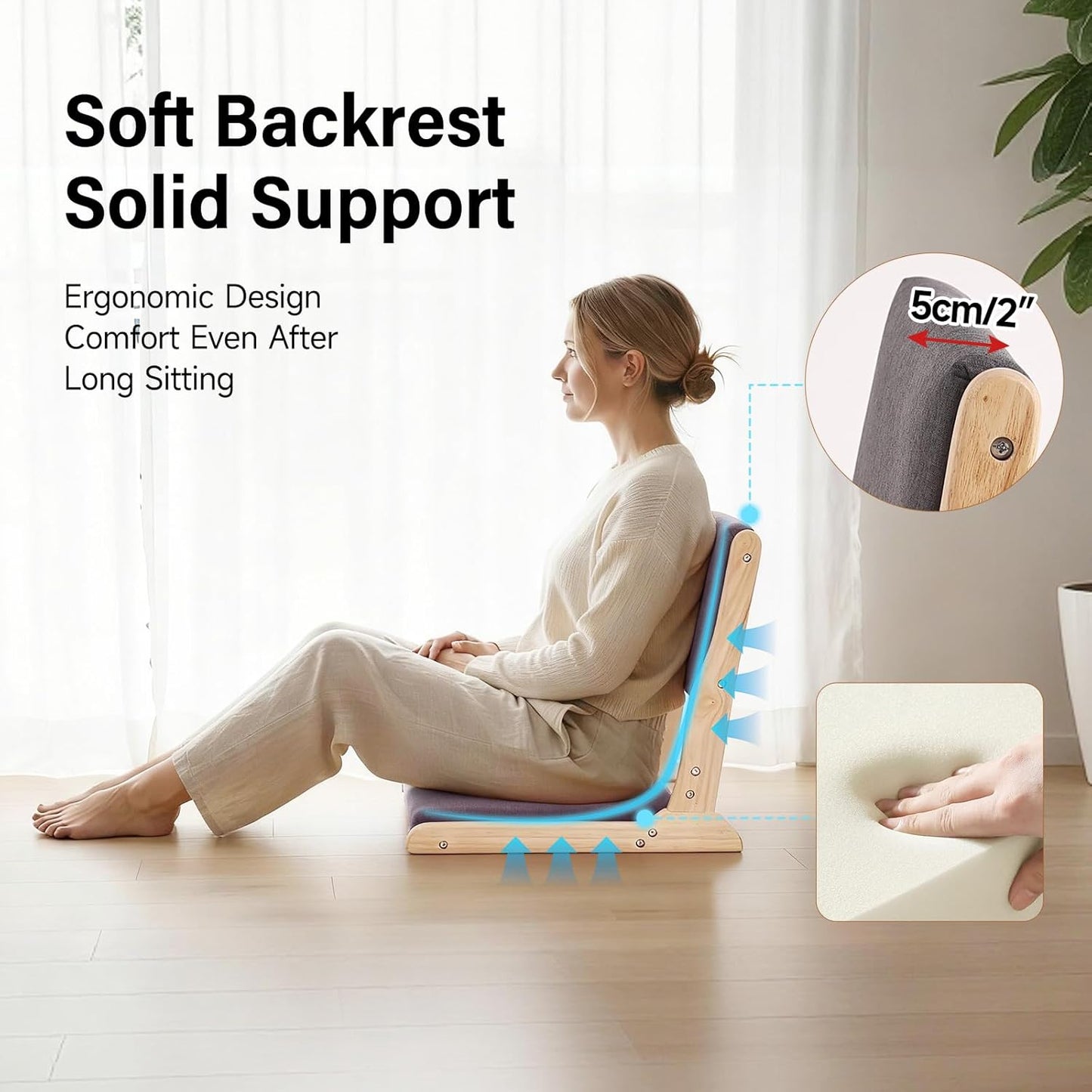 Tiita 2Pcs Floor Games Chair, Foldable Meditation Tatami Chairs, Backrest Chair with Cushion, Living Room Chair Seat, Wood Grey