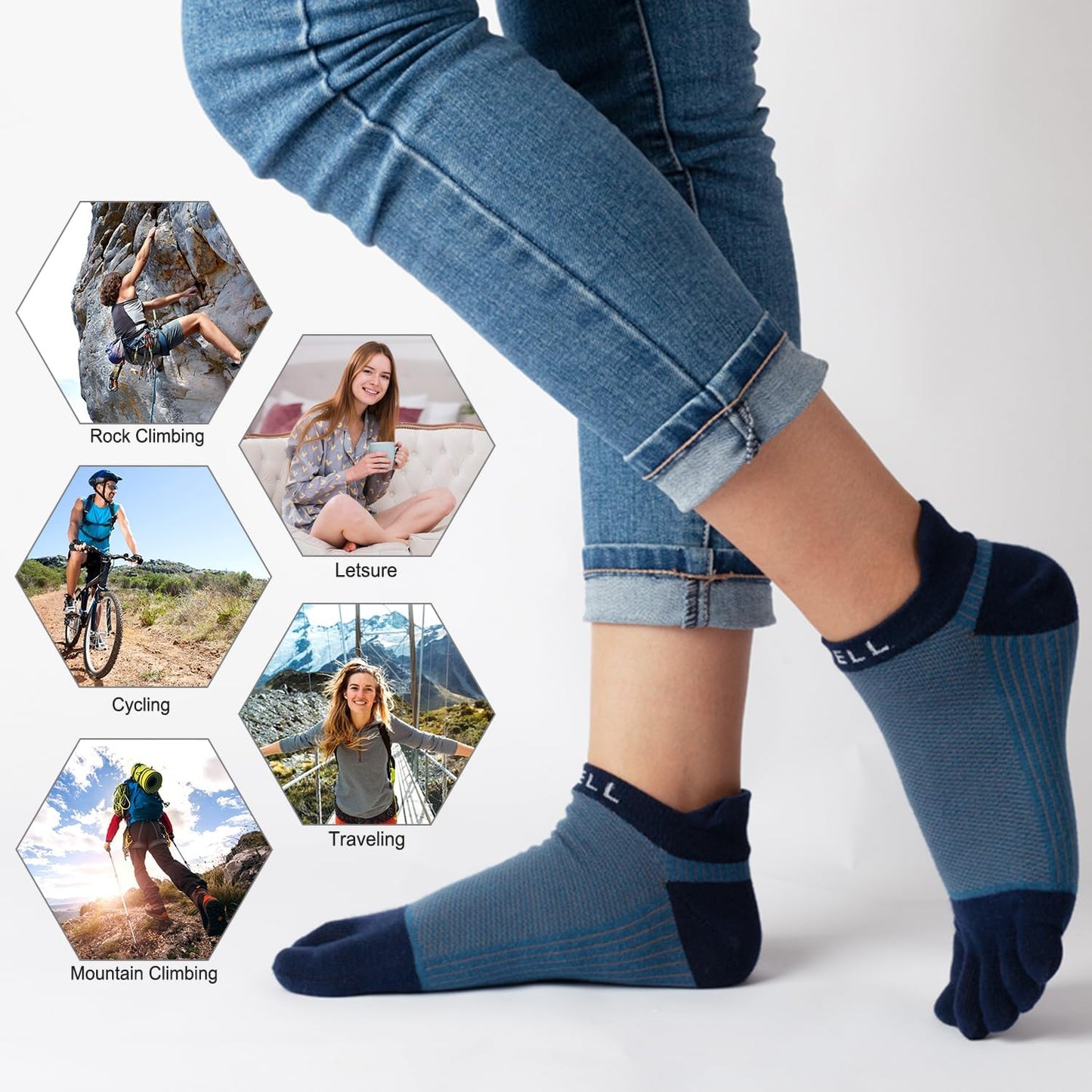 VWELL Cotton Toe Socks Five Finger Socks No Show Crew Athletic Running Socks 4 Pairs,Size 7-11