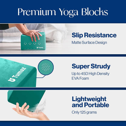 Tumaz Yoga & Stretching Essentials Bundle: 10-Loop Non-Elastic Stretch Strap for Physical Therapy, Yoga, Pilates & 2-Pack High-Density EVA Foam/Cork Yoga Blocks with 8FT Strap Set and E-Book