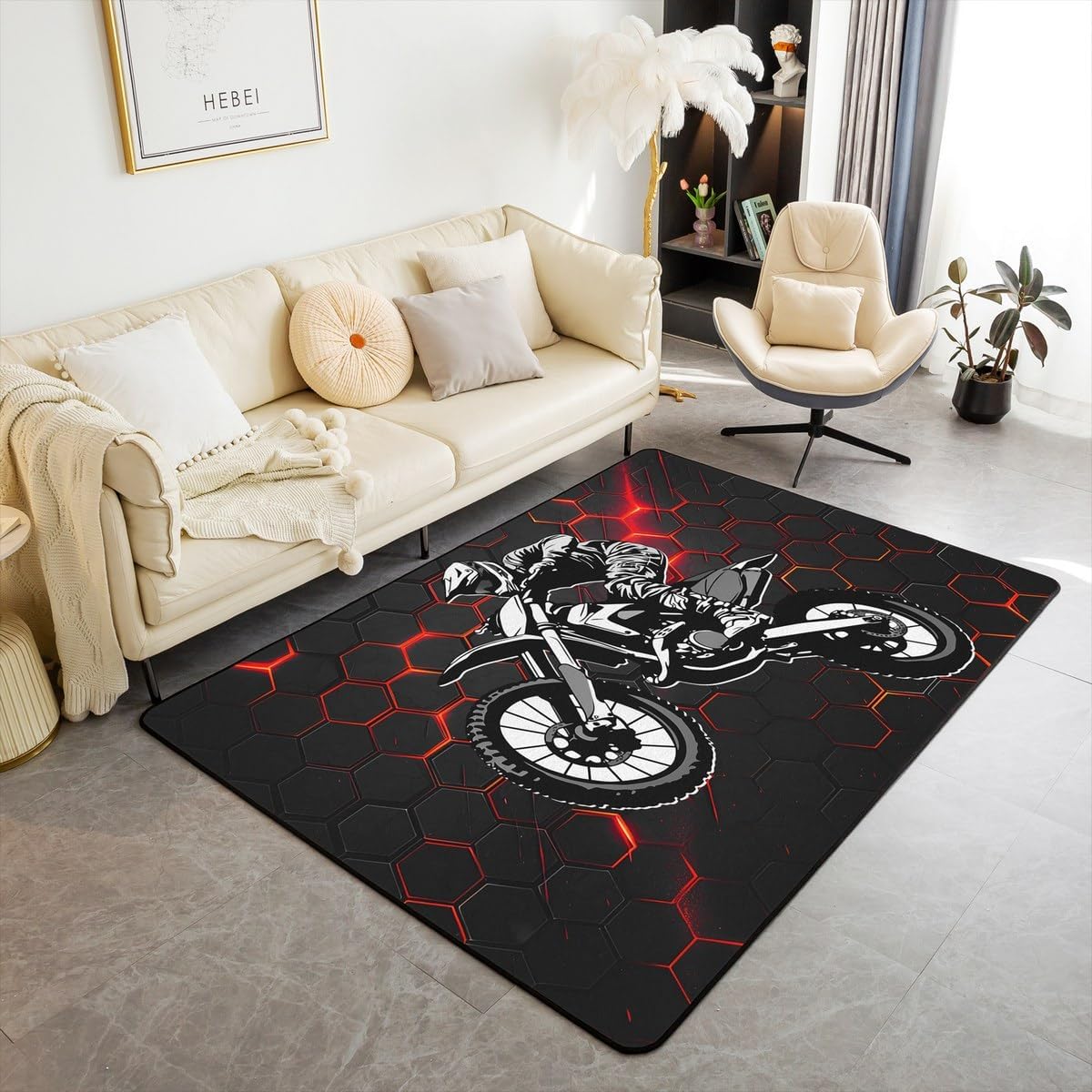 Feelyou Dirt Bike Area Rug 3x5 Kids Extreme Sports Green Honeycomb Living Room Rugs for Bedroom Boys Girls Teens Racing Motocross Rider Decorative Carpet Rug Non-Slip Motorcycle Indoor Floor Mat