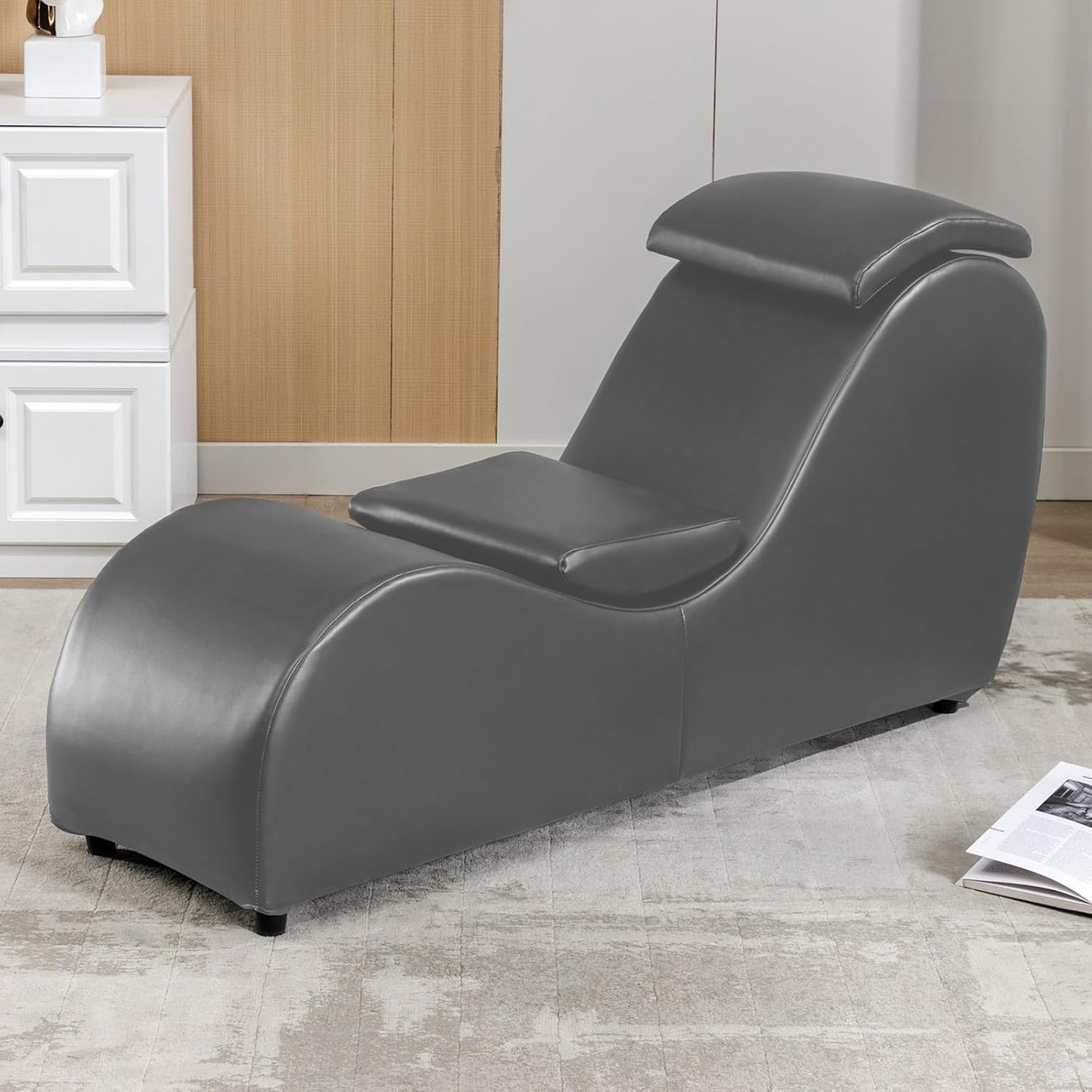 PUREMIND Yoga Chair, Curved Yoga Chaise Lounge for Adult Stretching, Exercising and Relaxing, Indoor Lounge Chair with Adjustable Head Cushion for Living Room Apartment and Bedroom - Black