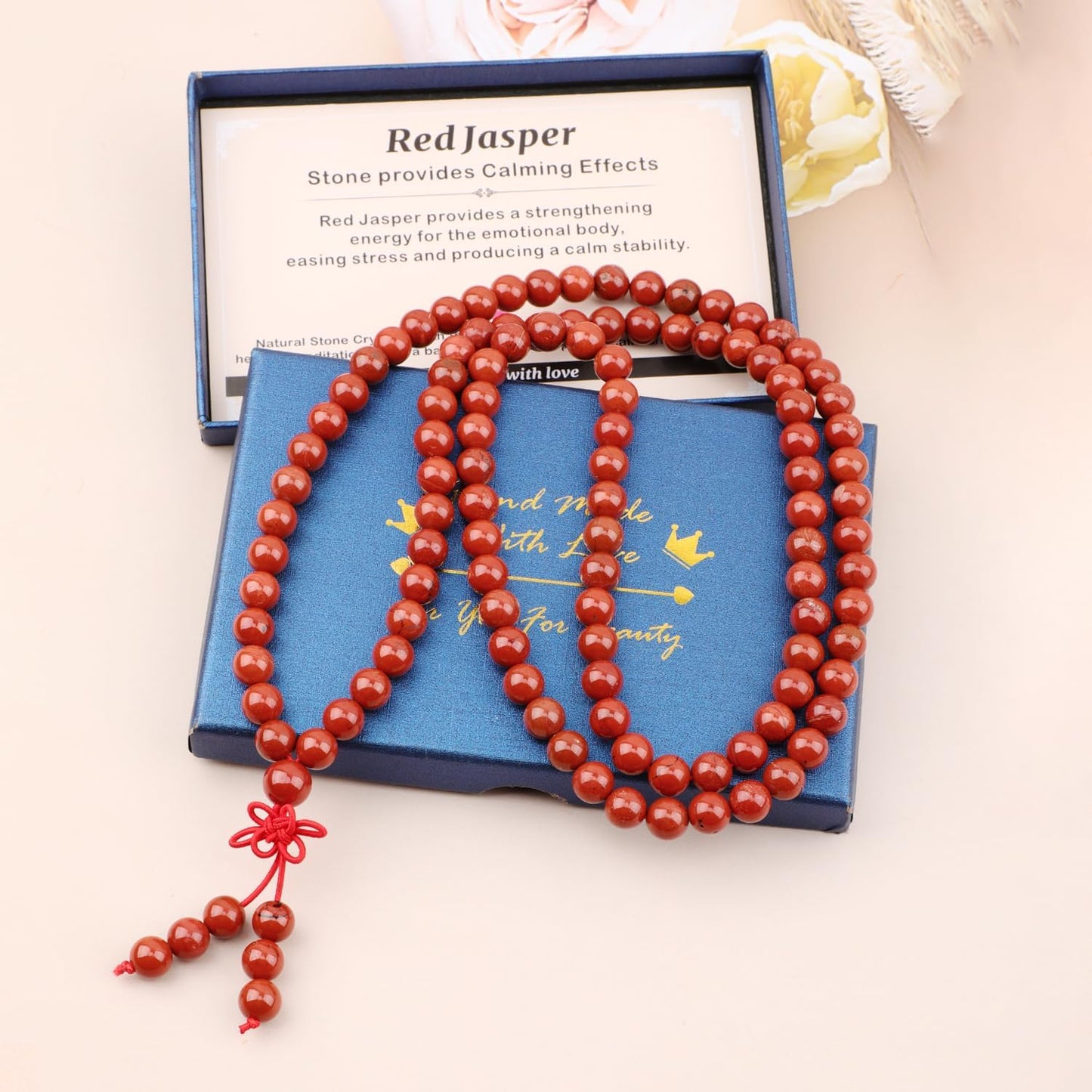 AD Beads 6mm 8mm 108 Prayer Mala Jasper Elastic Bracelet - Handmade Yoga Meditation Healing Power Energy Gifts for Unisex Adult.