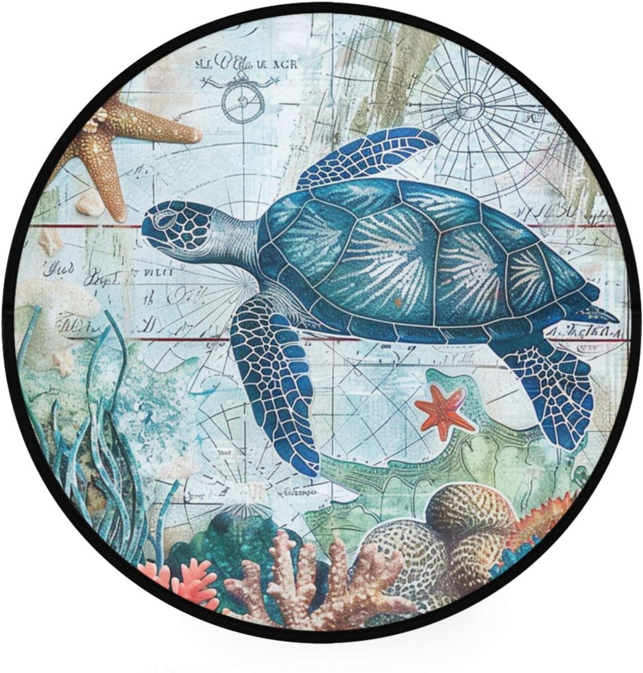 Vdsrup Ocean Sea Horse Doormat Nautical Seahorse Starfish Round Floor Mat Non Slip Carpet Yoga Mat Rug for Entryway Living Room Bedroom Home Decor 3'
