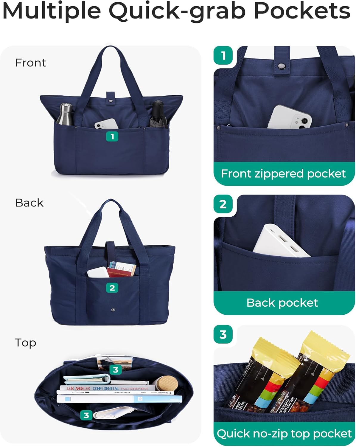 BAGSMART Tote Bag for Women, Foldable Tote Bag With Zipper Travel Shoulder Bag Handbag for Work