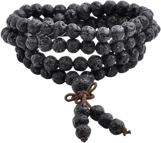 Jovivi 6mm 8mm Natural Lava Rock Stone Healing Gemstone 108 Prayer Beads Tibetan Mala Bracelet Necklace
