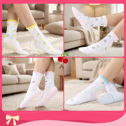 6 Pairs Women‘s Cute Pilates Socks with Grips - Non Slip Ruffle Yoga Sock, Breathable Cotton Grippy Crew Socks for Barre, Ballet, Yoga & Home Workouts