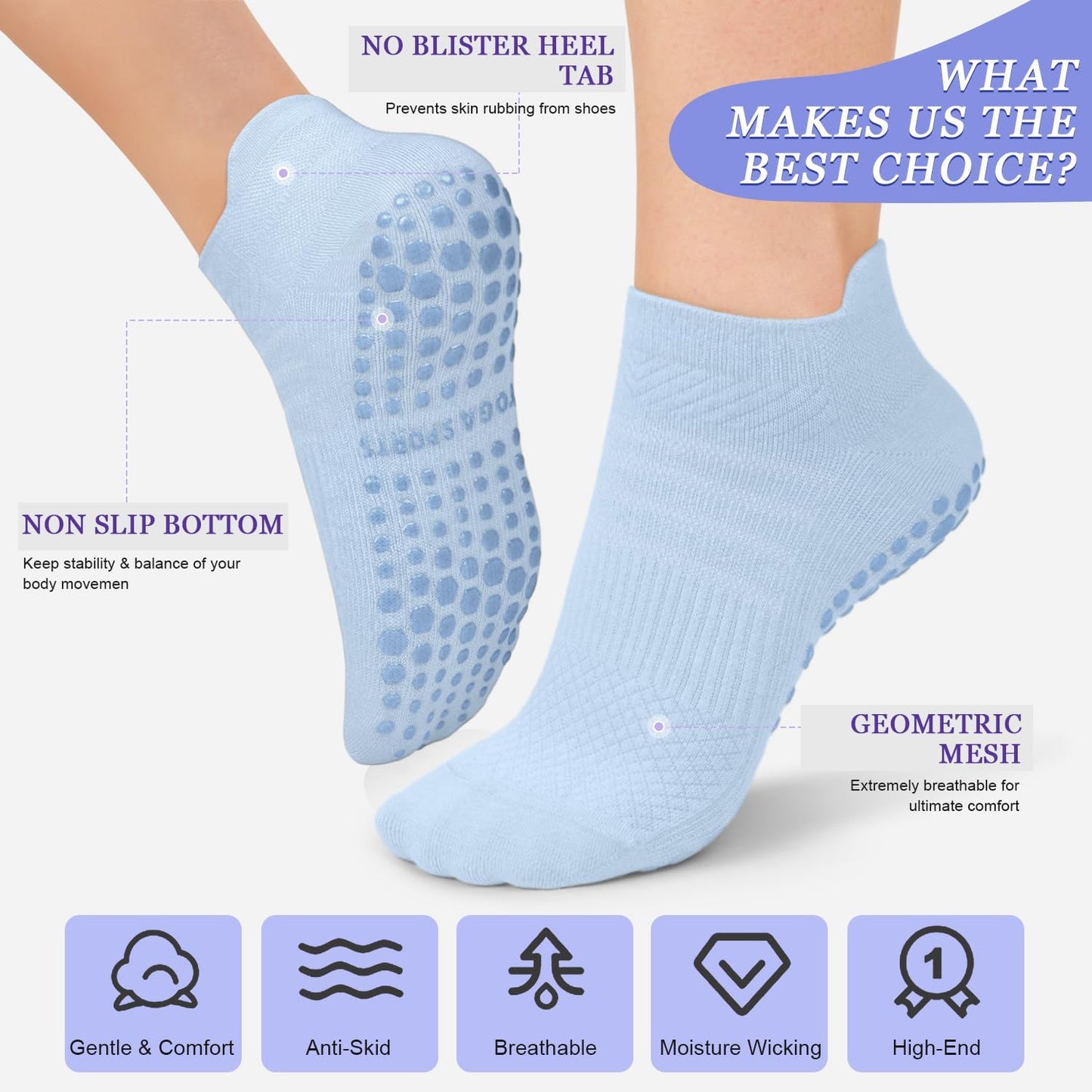yeuG Pilates Socks for Women Non Slip Grip Socks for Yoga, Barre, Hospital, Barefoot Grippy Yoga Sock Womens Gifts 4 Pairs
