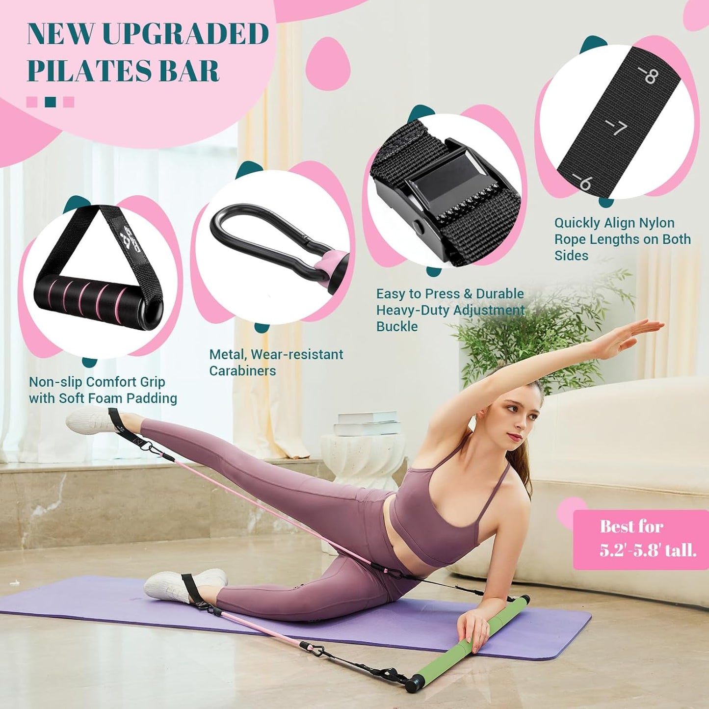 COFOF Pilates Bar Kit with Resistance Bands, Multifunctional Yoga Pilates Bar with Heavy-Duty Metal Adjustment Buckle, Portable Home Gym Pilates Resistance Bar Kit for Women Full Body Workouts