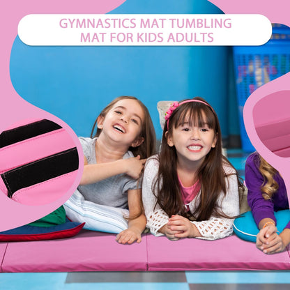 Gymnastics Mat for Tumbling, Folding Tumbling Mat Exercise Mat Gym Mat Tumbling Mats for Kids, Adults, PU Leather Yoga Mat with Carrying Handles