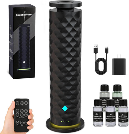 Waterless Scent Diffuser Starter Kit – Remote Control Cold Air Scent Diffuser Oil Machine with 5 Oils 1000 Sq Ft Coverage Quiet Nebulizing Aromatherapy for Home Office Bedroom & Spa
