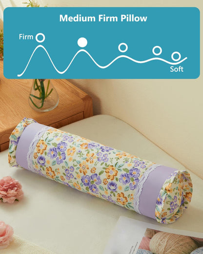 Buckwheat Hull Neck Roll Pillow -15.7" x4.7” Adjustable Firmness Cervical Support for Sleep & Yoga, Cooling Floral Cotton Cover, Ergonomic Bolster Pillow, Blue