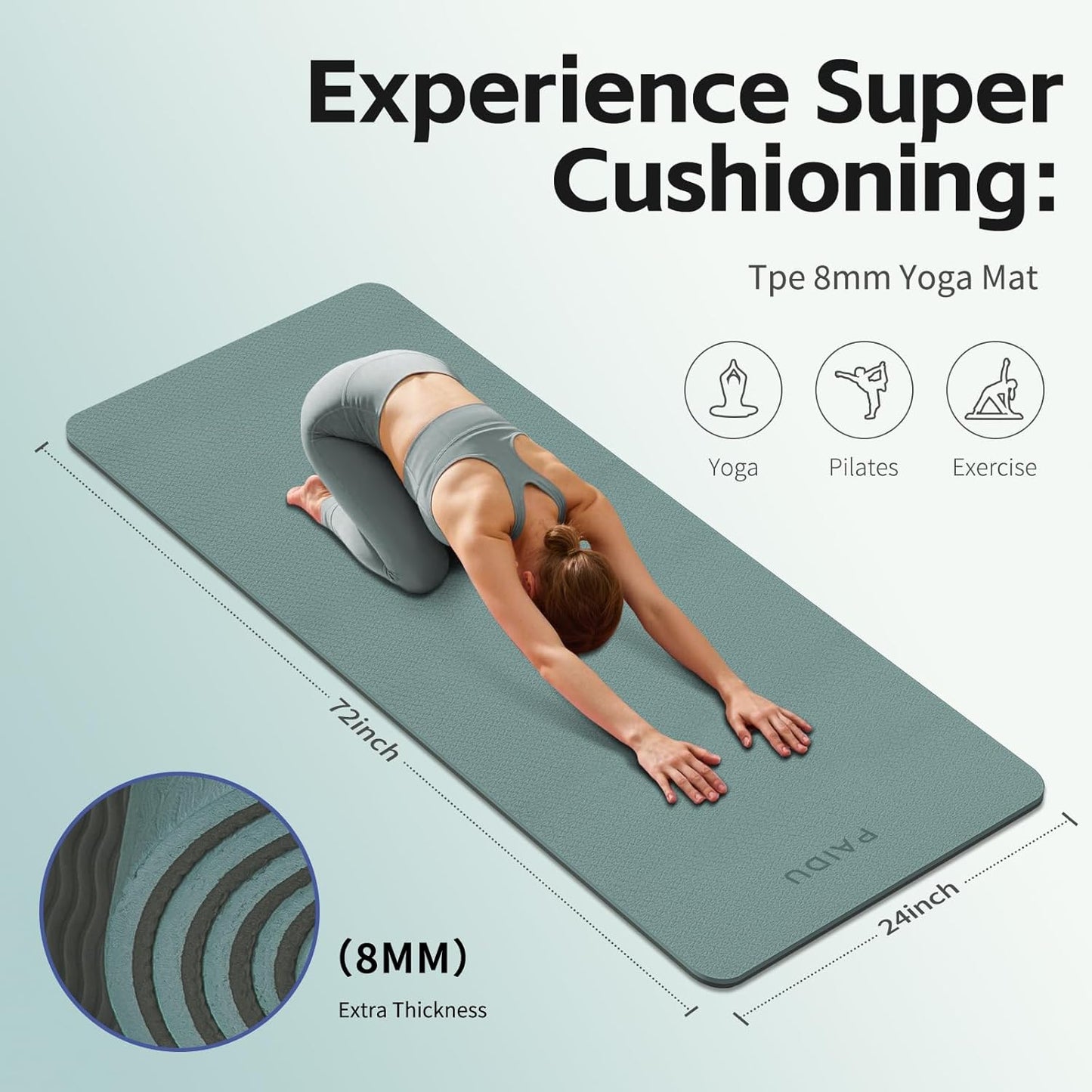 PAIDU Yoga Mat 8mm Super Thick TPE Fitness Mat | SGS Certified | Non-Slip, Odorless & Tear-Resistant | Unisex with Strap | for Yoga, Pilates, Meditation & Home Workouts