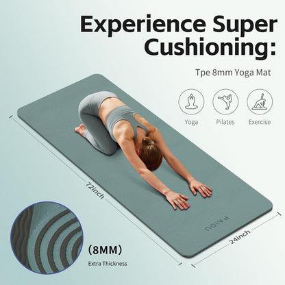 PAIDU Yoga Mat 8mm Super Thick TPE Fitness Mat | SGS Certified | Non-Slip, Odorless & Tear-Resistant | Unisex with Strap | for Yoga, Pilates, Meditation & Home Workouts