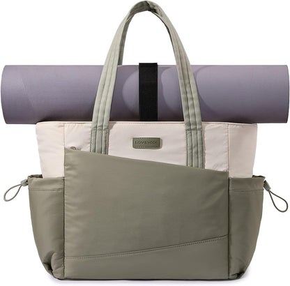 LOVEVOOK Gym Tote Bag for Women, Puffy Yoga Mat Bag with Large Cup Holder & Wet Pocket, Work Nurse Bag for Travel Workout
